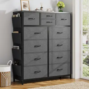 Raybee Fabric Drawer Dresser with 12 Drawers, Tall Dresser for Bedroom, Chests of Drawers with Side Pockets, Storage Organizer for Bedroom, Closet, Hallway