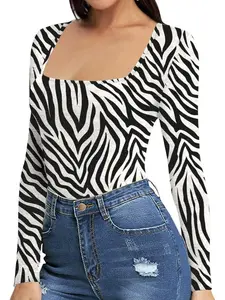 Basic Print Bodysuits for Women Square Neck Long Sleeve Body Suits Fall Going Out Tops Slim Fit Outfits