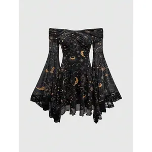 Goth Gothic Retro Mysterious Star & Moon Allover Print Off Shoulder Bell Sleeve Mesh A-Line Dress