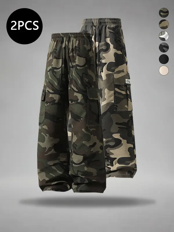 Men’s Autumn Baggy Wide-Leg Sweatpants, Multi-Pocket Cargo Pants, Trendy Camouflage Straight-Leg Pants, Versatile Casual Sporty Long Pants for Everyday Wear