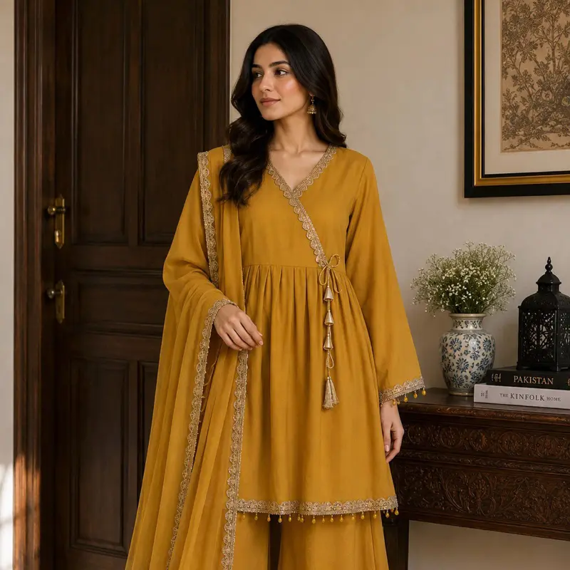 Women's 3-Piece Traditional Angrakha, Dupatta & Plazo Outfit