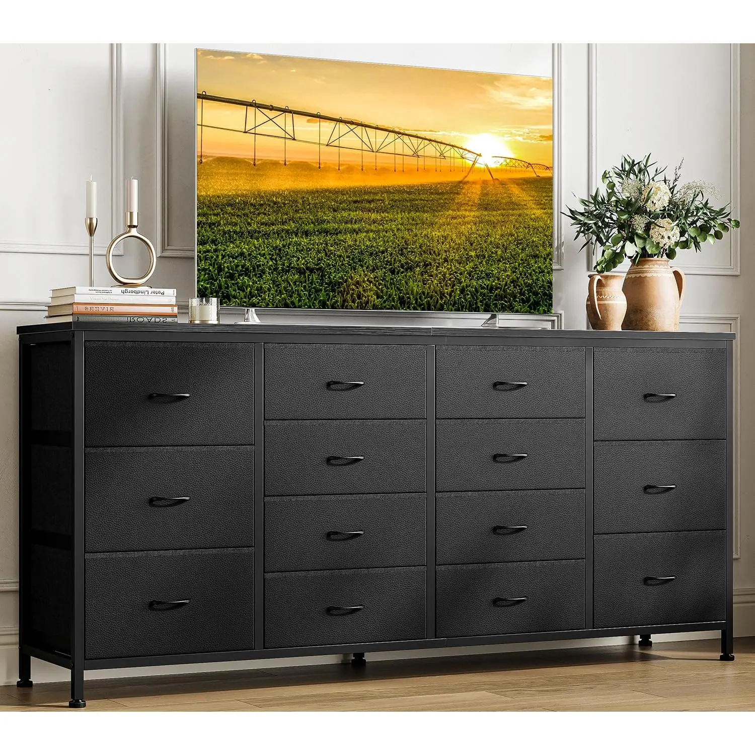Modern 63" Dresser TV Stand with 14 Drawers & Power Outlets – Long Fabric Storage Cabinet for 65-75 Inch TVs – Multi-Room Organizer for Bedroom, Living Room, Hallway – Black Leather