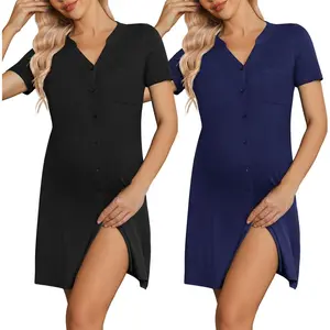 2 Pack Maternity Nightgown Button Down Nursing Gown 3 in 1 Breastfeeding Sleepwear V Neck Short Sleeve Delivery Dress
