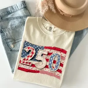 (Print) Comfort Colors Faux Patchwork Usa Flag 250th Birthday America Not Real Patchwork Printed T-shirt for Daily Wear, Apparel Made In The USA		