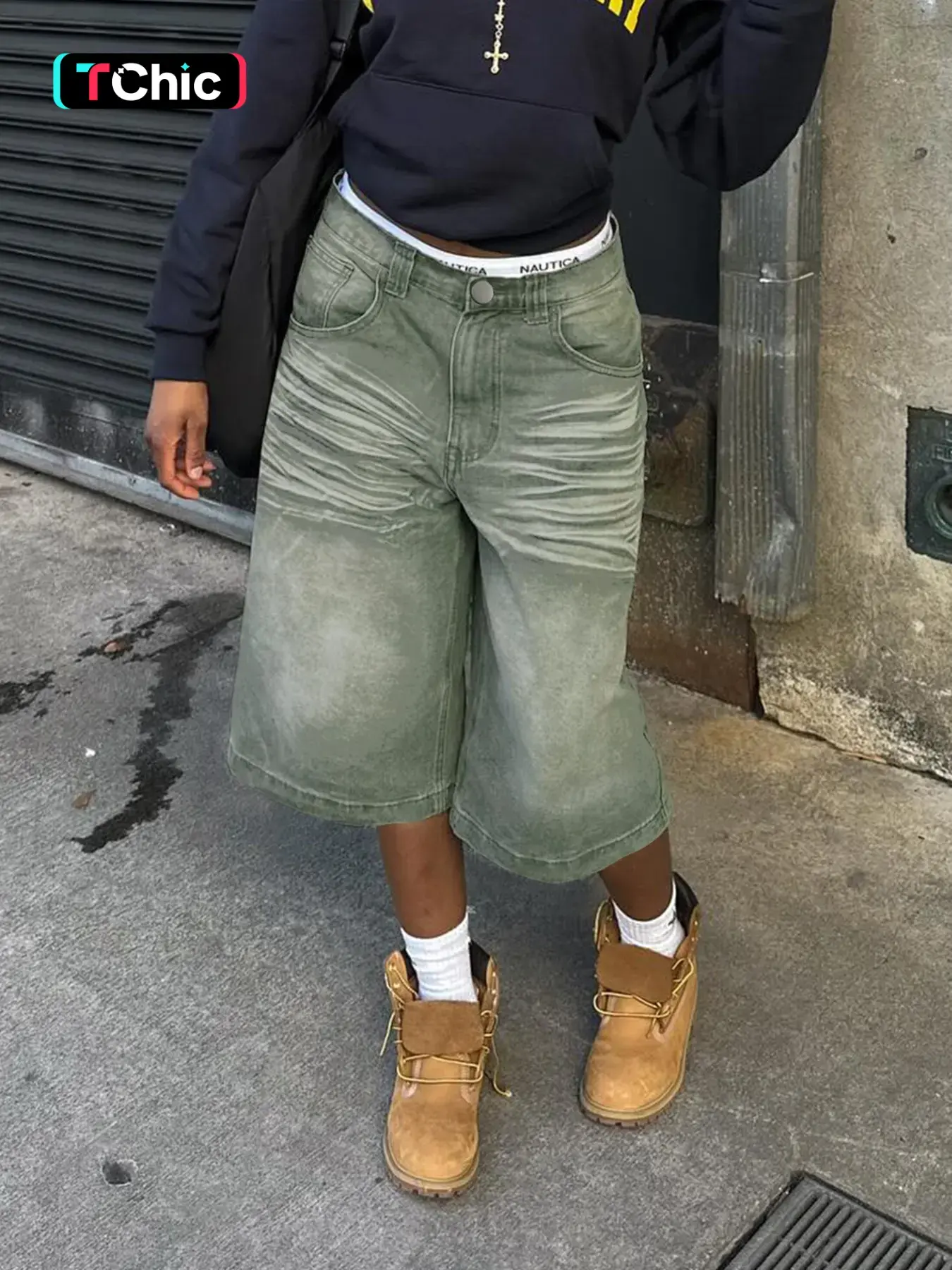 Olive Green Washed Baggy Denim Womenswear, High Rise Oversized Wide Leg 3/4 Shorts, Casual Relaxed Shorts, Trendy 90s Retro Hip Hop Bottoms for Street Style & Daily Wear, Denim Jeans Shorts