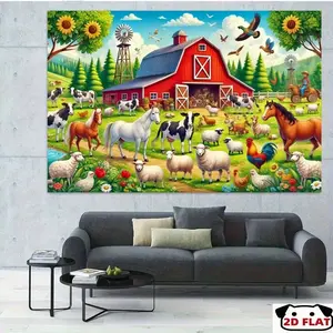2D Flat Banner 1pc, Background Fabric, Beautiful Red Rural Scene Horses, Sheep Cute Chickens,  Easy to Up Reusable, Family Party, Wedding, Birthday, Christmas, Thanksgiving, Autumn, Birthday Party Decor, Birth