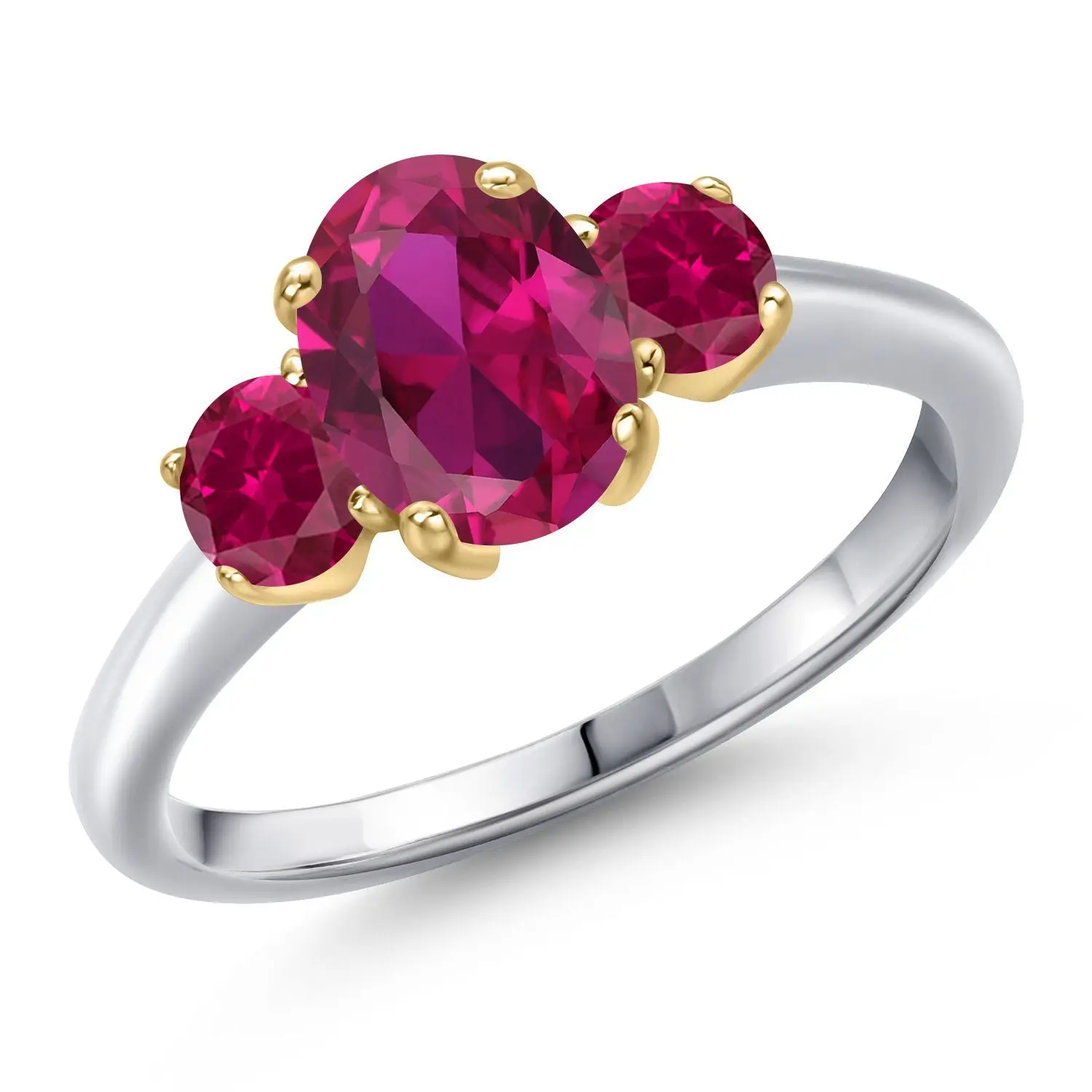 Gem Stone King 10K 2-Tone Gold Female 3-Stone Created Ruby Engagement Ring - 1.85 Cttw, 8x6mm Oval, July Birthstone, Birthday, Thinking of You