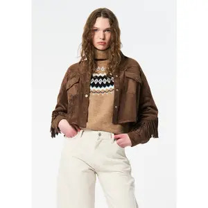 Bibi Women's Western Fringe Cropped Jacket in Faux Suede, Caramel - JK0057