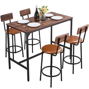 5-Piece Bar Table Set, 47-Inch Bar Table With Four Stools, Rectangular Pub Table And Chair Set, Rounded Edge Design, For Living Room, Dining Room, Kitchen, Walnut Finish, Black, Suitable For Small Spaces