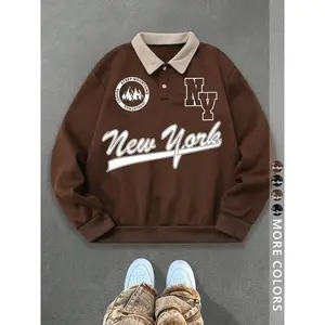 Unisex Y2K Style New York Letter Print Polo Sweatshirt, Thick Retro British Aesthetic Lamb Wool Collar Pullover for Streetwear Casual Wear