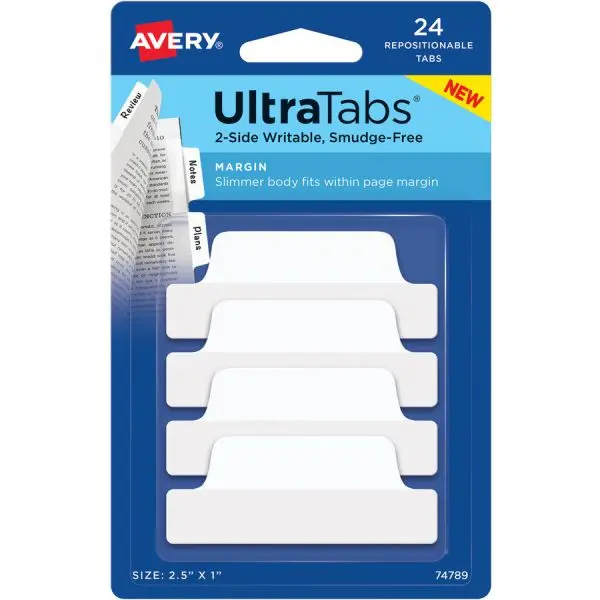 Avery AVE74789 Multi-Use UltraTabs Adhesive Paper Tape Flags, 2.5x1 in, 2-Sided Writable, Durable, Repositionable, White - Pack of 24, Ideal for Home & Office Indexing, Organizing