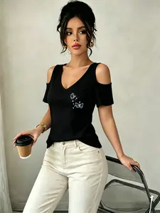 Women's Y2K Casual Fashion V-Neck off Shoulder Short Sleeve T-Shirt, Butterfly Print, Soft Elastic Polyester, All Seasons, Perfect for Gifts