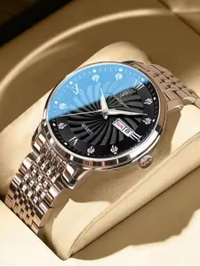 Men's Business Watch, Luminous Hands, 30m Waterproof, Quartz Movement, Dial, Silver Color Stainless Steel Strap, Gift for Men