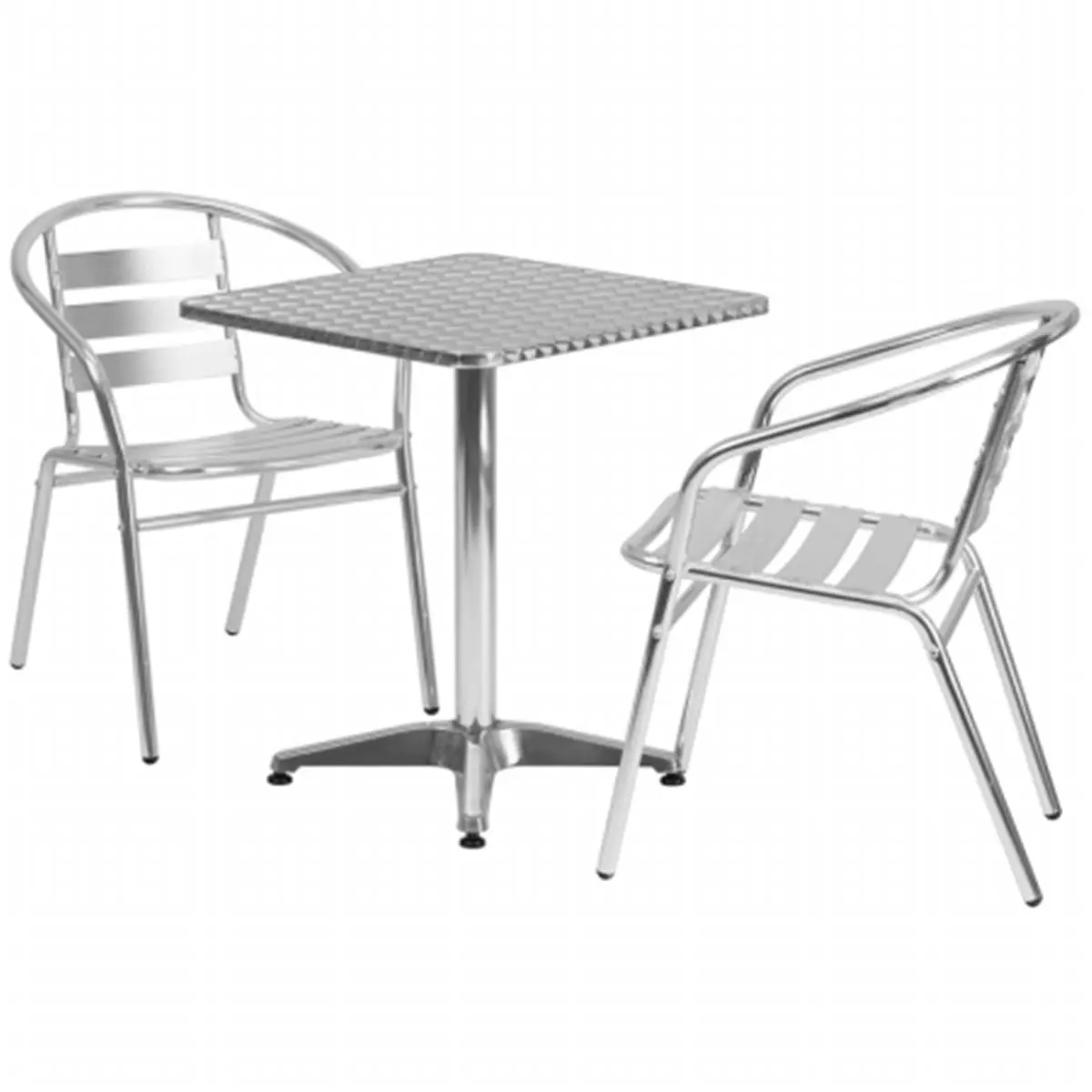 Flash Furniture TLH-ALUM-24SQ-017BCHR2-GG Designer 23.5 in. Square Steel-Framed Dining Table Set, Aluminum Indoor-Outdoor, 2 Slat-Back Stainless Steel Chairs, Plastic Storage