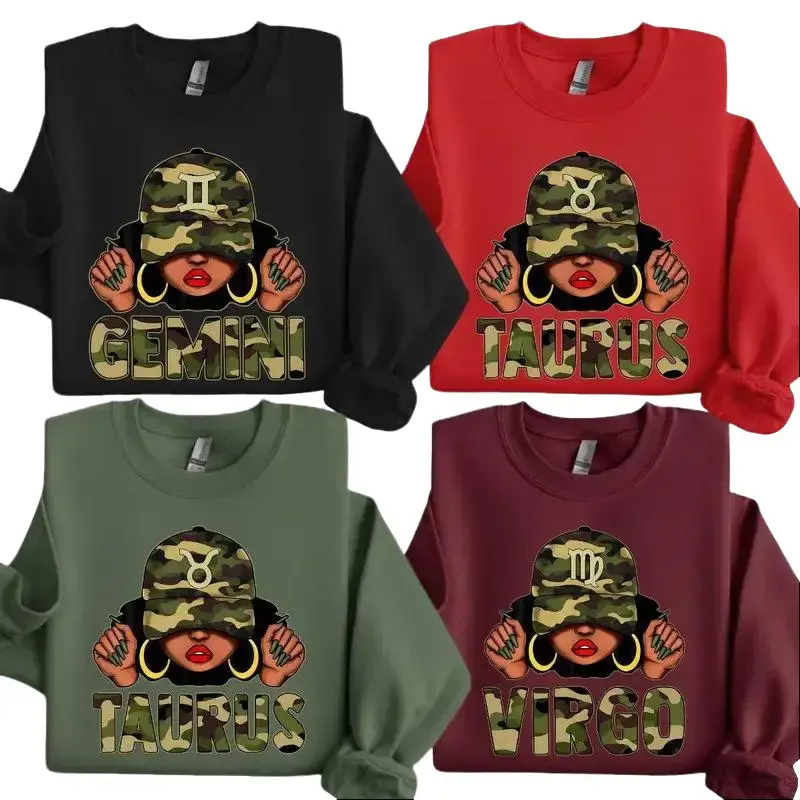 Women's 12 Zodiac Camo Pullover Sweatshirt - Urban Black Girl Magic Astrology Crewneck for Gemini, Taurus, Virgo - Stylish Streetwear Gift