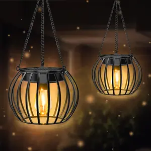 Solar Lanterns Outdoor Waterproof Lights - 2 Pack Hanging Metal Solar Powered Lights, Large Round Solar Chandelier Lamps with On/Off Switch & Chains Hook for Garden Patio Yard Farmhouse Pathway Decor