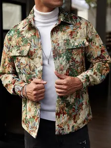 Men’s Vintage Floral Butterfly Sunflower Jacket, Loose-Fit Woven Fabric, Button Front, Dual Pockets, Spring & Autumn Casual Wear