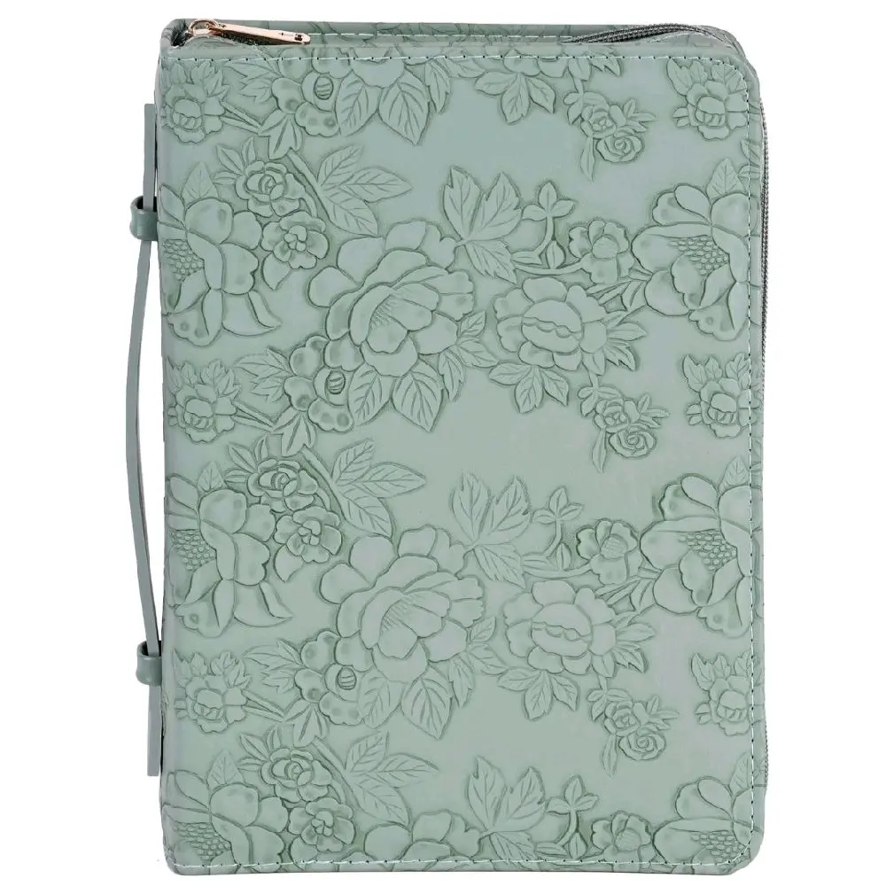 Floral Embossed Sage Green Bible Cover with Zipper Closure and Wrist Strap