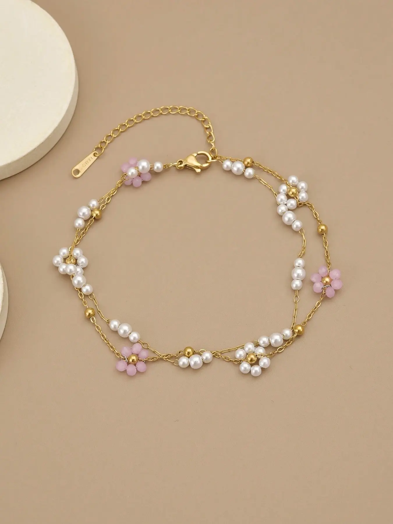 Women's Stainless Steel Anklet, Beaded Flower Pearl Bracelet, Bohemian Summer Beach Foot Jewelry, Adjustable Elegant Anklet Gift