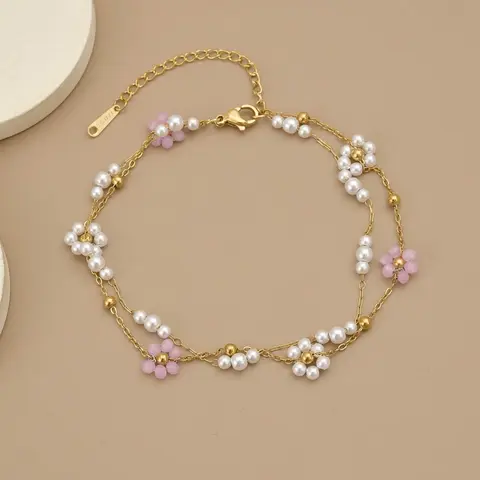 Women's Stainless Steel Anklet, Beaded Flower Pearl Bracelet, Bohemian Summer Beach Foot Jewelry, Adjustable Elegant Anklet Gift, Anklet Fashion Accessories