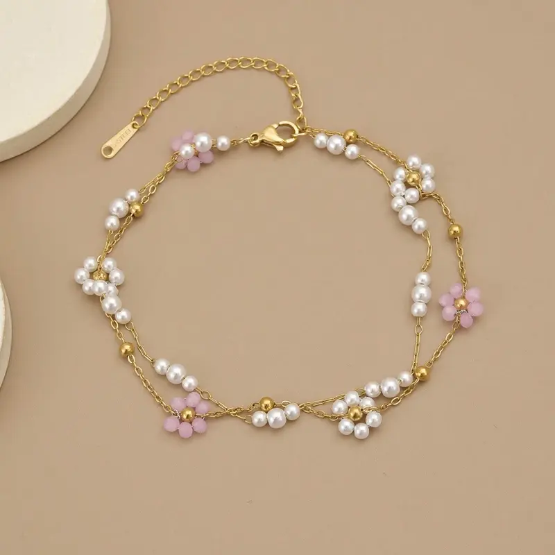 Women's Stainless Steel Anklet, Beaded Flower Pearl Bracelet, Bohemian Summer Beach Foot Jewelry, Adjustable Elegant Anklet Gift, Anklet Fashion Accessories