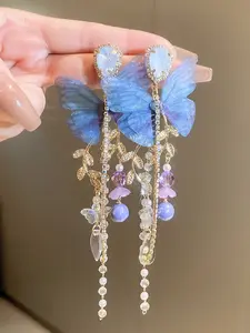 Sweet Cloth Butterfly Water Drop Crystal Earrings for Women, Daily Wear Holiday Accessories, Zinc Alloy Material, All Seasons