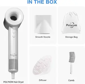 Polycom Hair Dryer 150000 RPM Brushless Motor Thermo-Control with Negative Ionic Design, Lightweight Design, and High-Speed Fast Drying