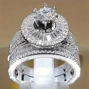 Engagement Rings 2Pcs/Set - Classic Luxury Jewelry With Sparkling Synthetic Zircon, Anniversary Gift, Fashion Party Accessory, Couple Rings