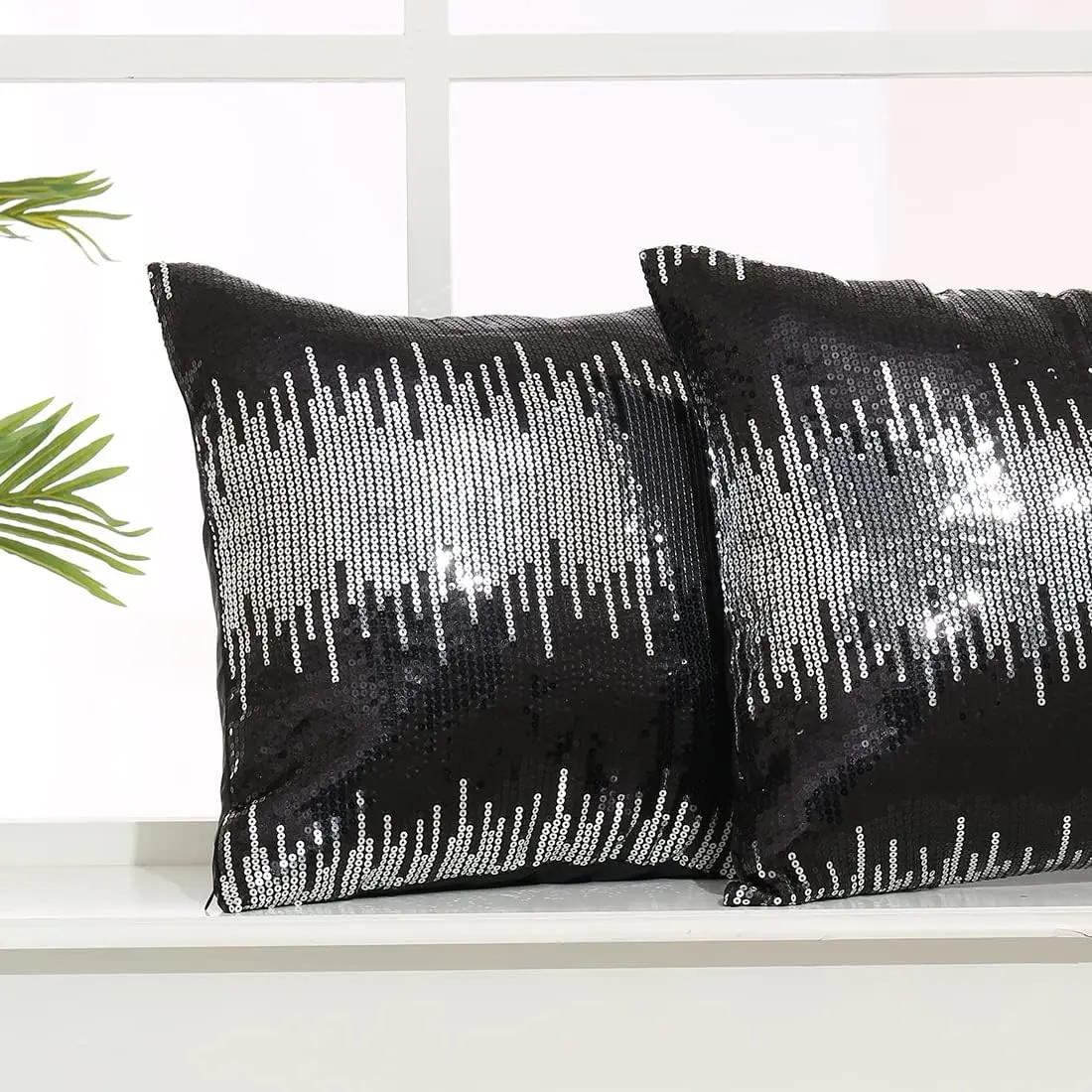 Party Delight 2-Pack Removable Soft Glitter Sparky Sequin Cushion Pillow Covers, 18x18-inch Square, Black & Silver, Christmas Couch Decorative Throw Cases, Hand Wash Only, No Ironing