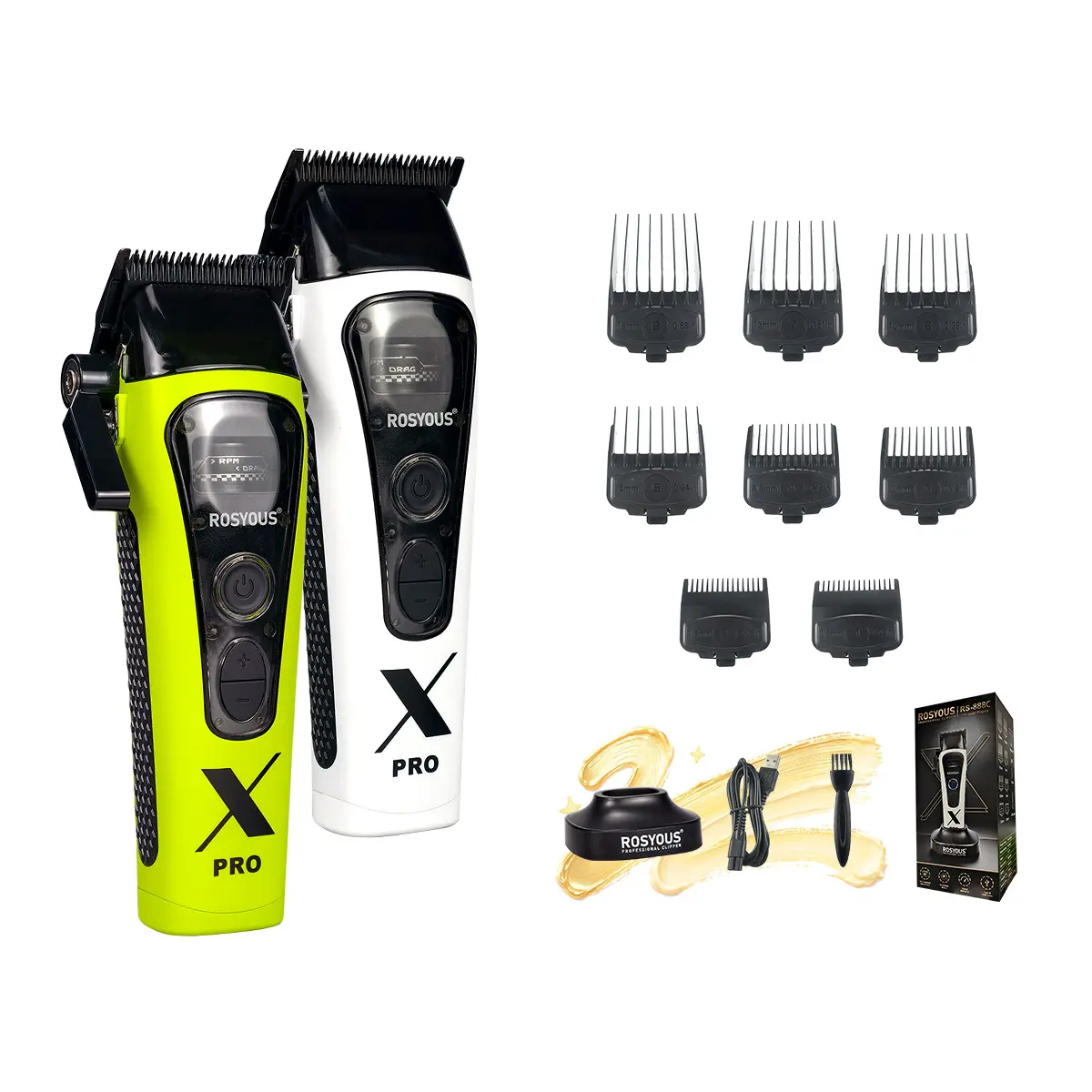 ROSYOUS RS-888C Men's Hair Clipper 8000RPM DLC Blade with Dock External Rotor Brushless Motor Professional Hair Cutting Machine