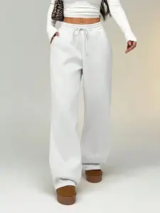 Women's Plain Elastic Waist Drawstring Pockets Wide Leg Pants, Casual All-Season Trousers, Perfect for Daily Commute and Outdoor Wear