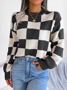 Women's Plaid Print Drop Shoulder Sweater, Casual Street Long Sleeve Round Neck Jumper For Fall & Winter, Women's Knitwear Top For Daily Wear