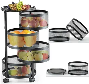 Circular Rotating Metal Storage Cart-Rotating Storage Rack for Kitchen, 4 Tier Fruit and Vegetable Storage for Kitchen Rotating Storages Rack with Wheels, Cart Space Saver Potatoes Fruit Basket, Black Organiser