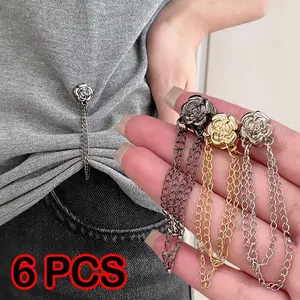 6pcs Rose Flower Shirt Buttons Magnetic Clip, Adjustable Chain Design, Alloy Material, No Sewing Needed, Fashionable and Durable