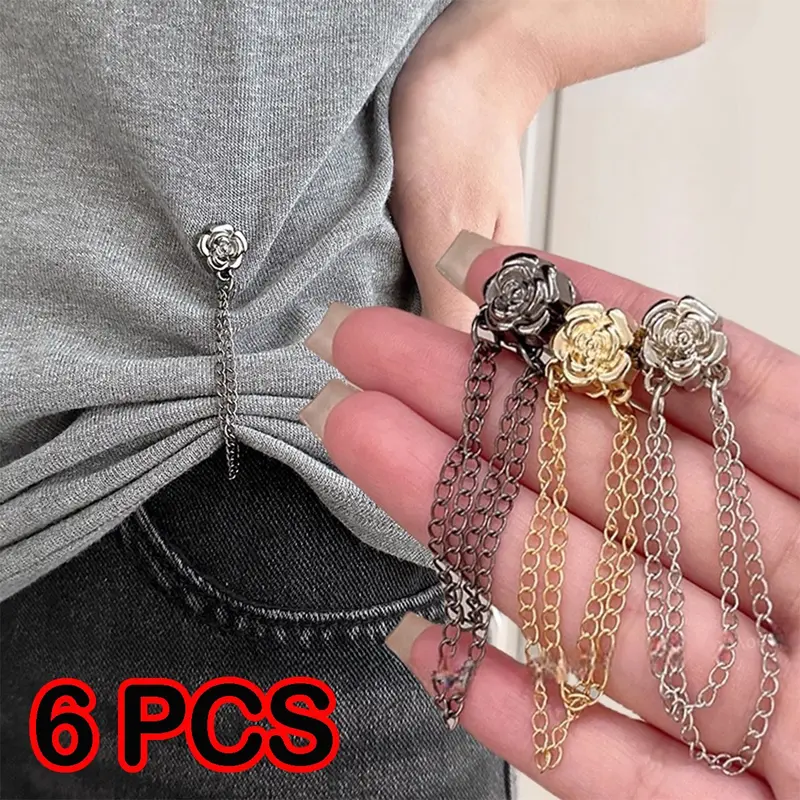 6pcs Rose Flower Shirt Buttons Magnetic Clip, Adjustable Chain Design, Alloy Material, No Sewing Needed, Fashionable and Durable