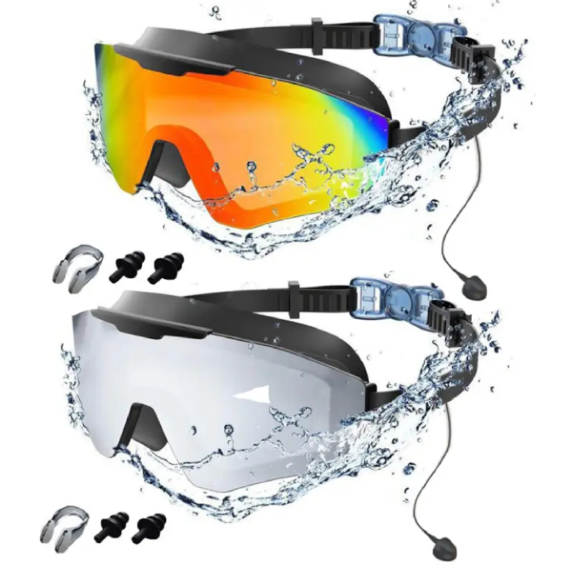 [Summervibes] Unisex 2-Pack Soft 3D Silicone Pool/Swim Goggles for Adults - Wide Angle, Anti-UV, Anti-Fog, with Earplugs, Nasal Clips, Gold & Blue Options