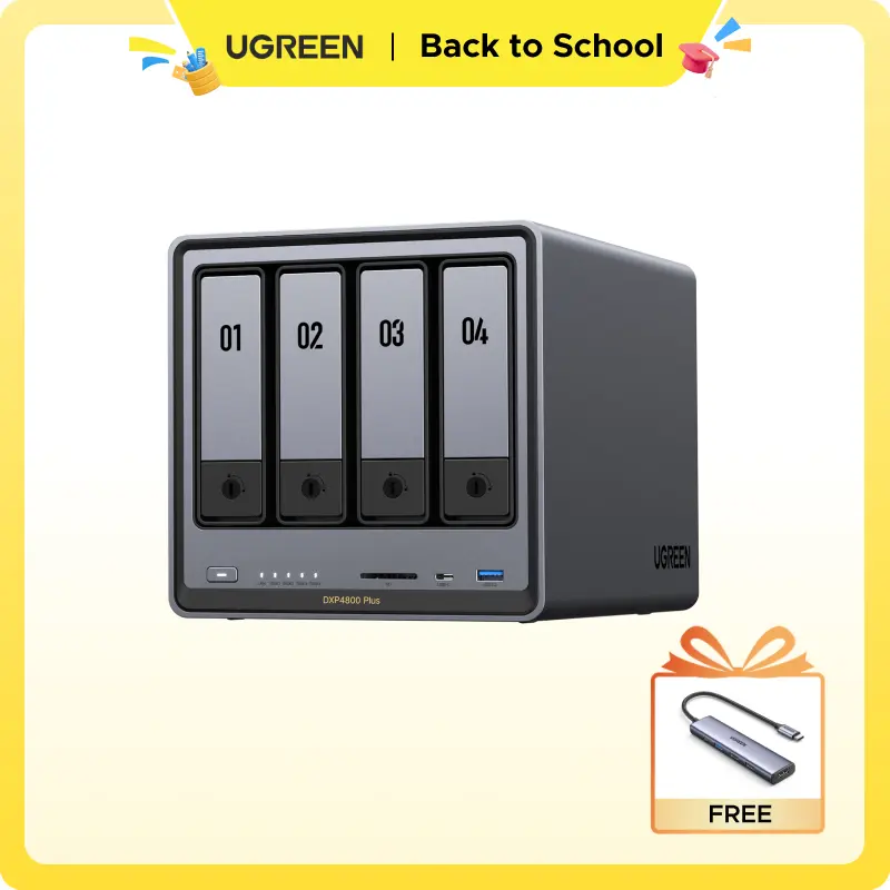 UGREEN NASync DXP4800 Plus 4-Bay Desktop NAS Storage, Intel Pentium Gold 8505 5-Core CPU, 8GB DDR5 RAM, 128G SSD, 1*10GbE High-Speed Port, 1*2.5GbE High-Speed Port, 2*M.2 NVMe Slots, Diskless, Data Backup,Home Office,Computer,tiktokshopbacktoschool