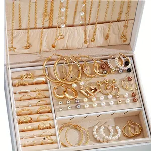 86-piece set of fashionable and elegant gold-plated butterfly necklace, heart-shaped ring, imitation pearl earrings, earrings, 4 in 1 multi-piece jewelry set, suitable for girls' daily travel, party and holiday gifts, fashion accessories (without box)