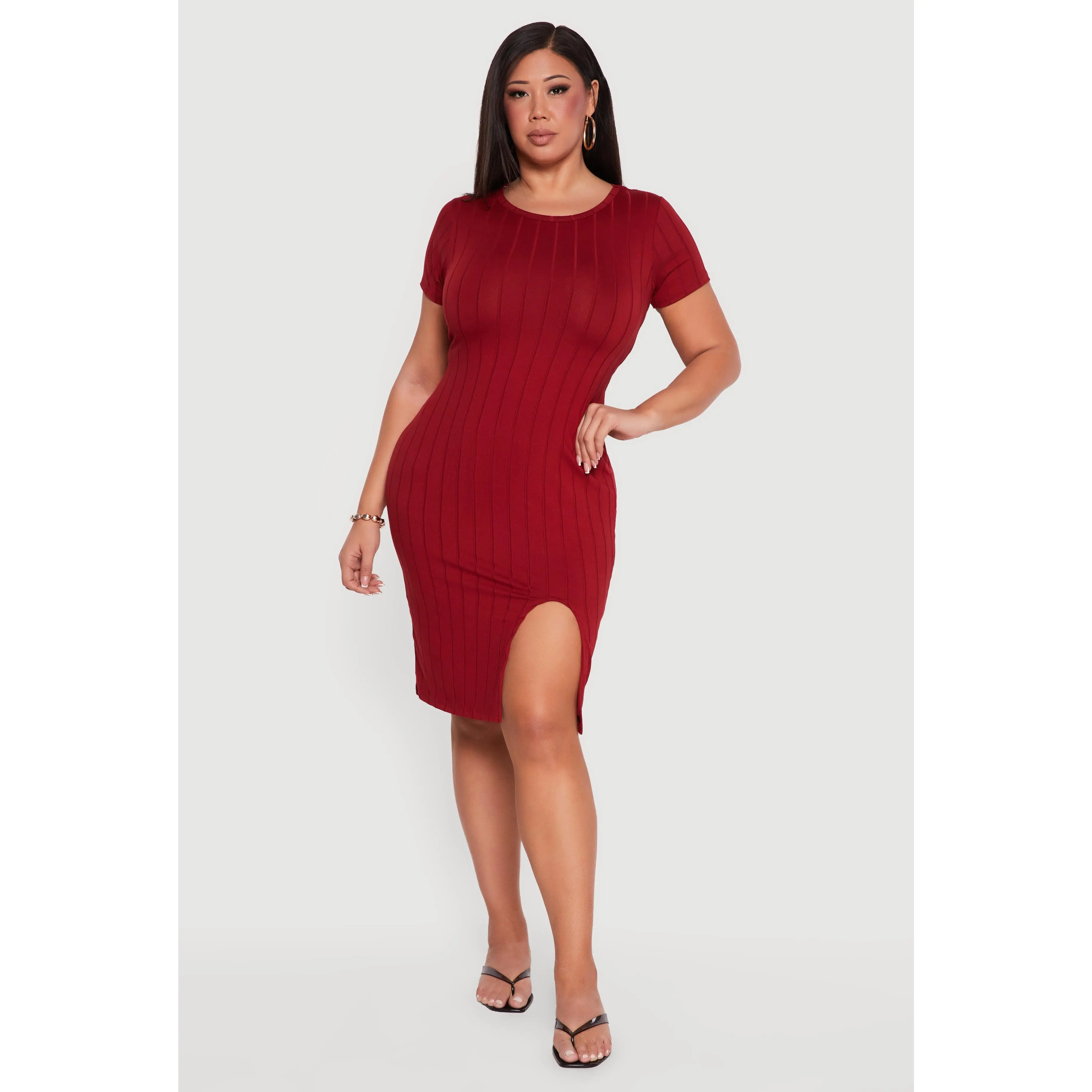 Plus Size Short Sleeve Ribbed Knit Dress with Side Slit