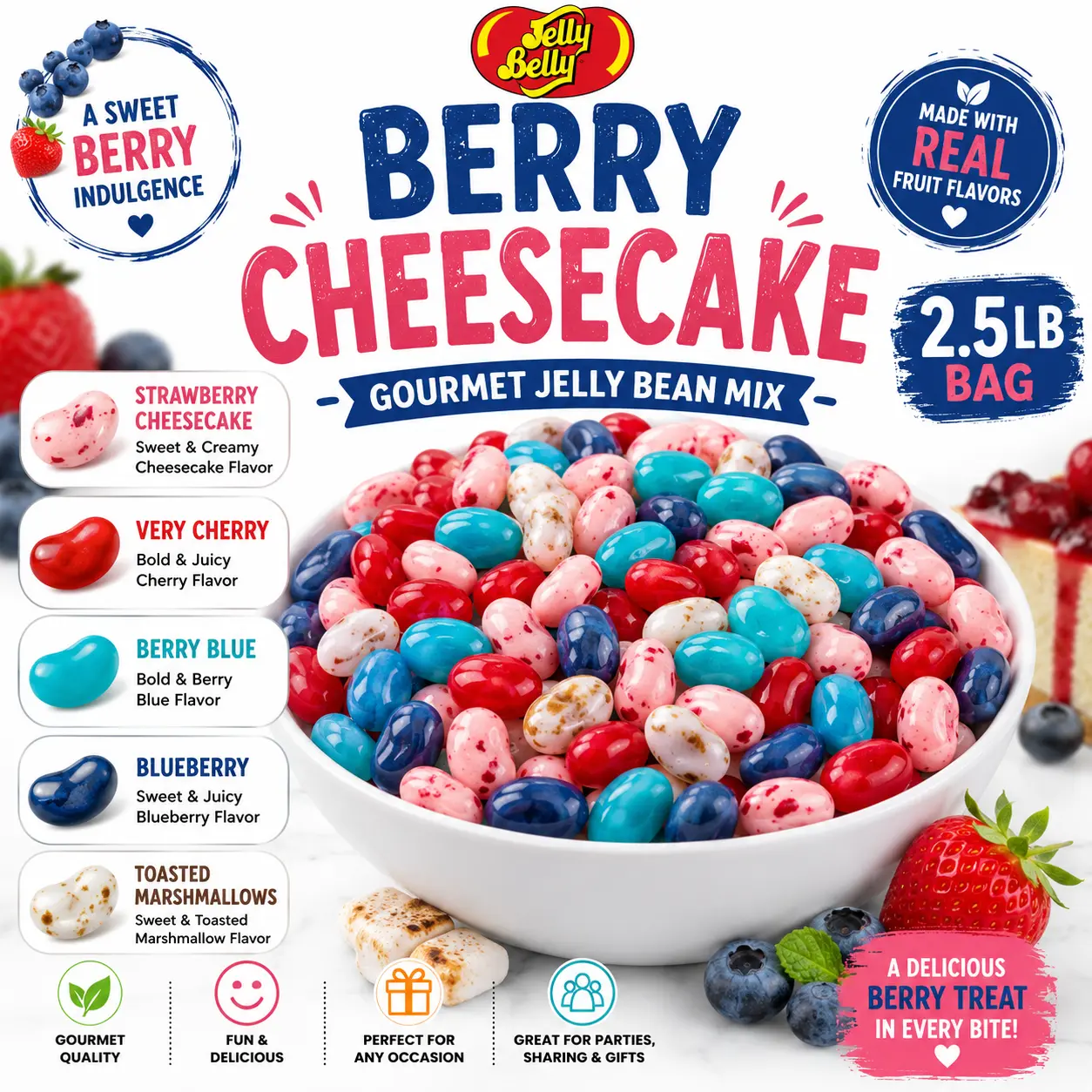 RICH & RICHERS Jelly Belly Berry Cheesecake Gourmet Jelly Beans Mix Bulk Bag (2.5lb) - Strawberry Cheesecake, Very Cherry, Berry Blue, Blueberry, Toasted Marshmallow Assortment Party Candy for Buffets, Birthday Piñatas