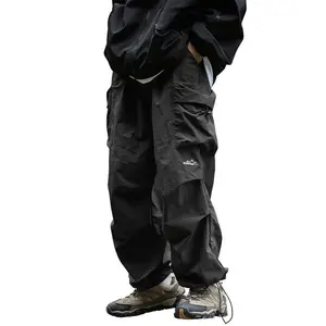 Men's Stylish Baggy Cargo Pants, Plain Mens Clothing, Hip-Hop Parachute-Style Loose Fit, Lightweight Water-Resistant with Pockets, All Seasons Mens Bottoms,summervibes