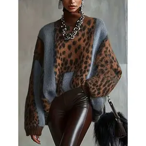 Women's elegant leopard print sweater, color blocked knitted pullover, soft and warm, high-quality and loose, autumn and winter fashionable top with long sleevesRAIMENTRY