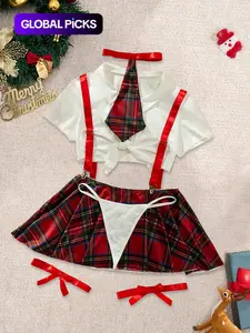 Sexy Plaid Pattern Cosplay Lingerie Set, Lightweight & Breathable Fabric, Fitted Style Adjustable Suspender Design Costume, Perfect for Parties