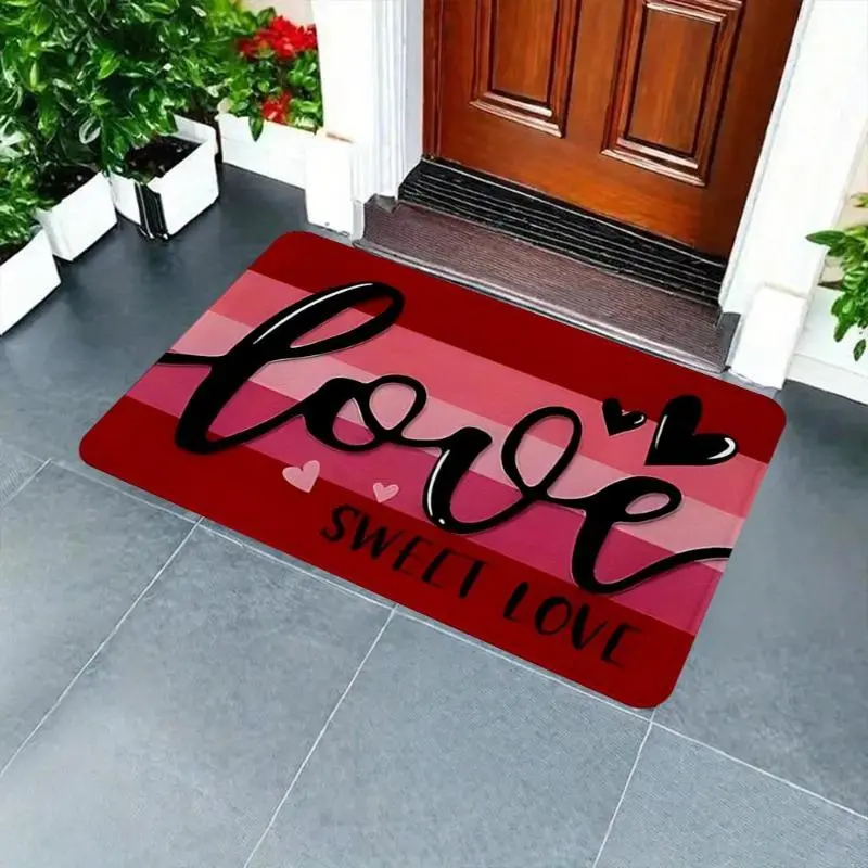 2D Retro Rectangle Heart Motif Print Door Mat - Durable Black and Red Rubber Base Rug, Valentine's Day No Non-Customised Indoor Bedroom Household Textile Decor Accessory