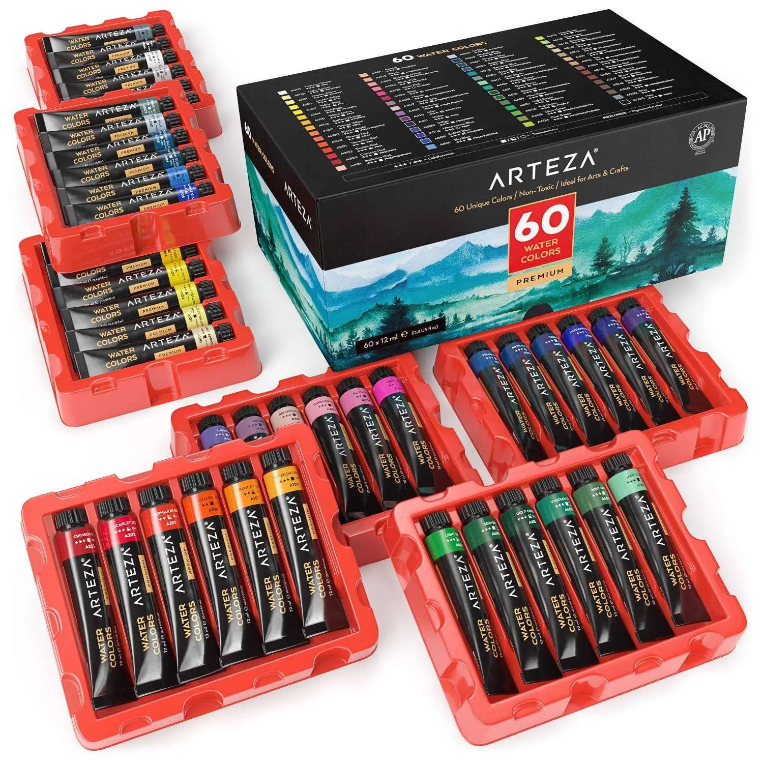 Arteza® Unisex AP Certified Watercolor Paint Set, 60 Vibrant Shades Brights, Easy to Blend & Rework, for Pros - ARTZ-8658