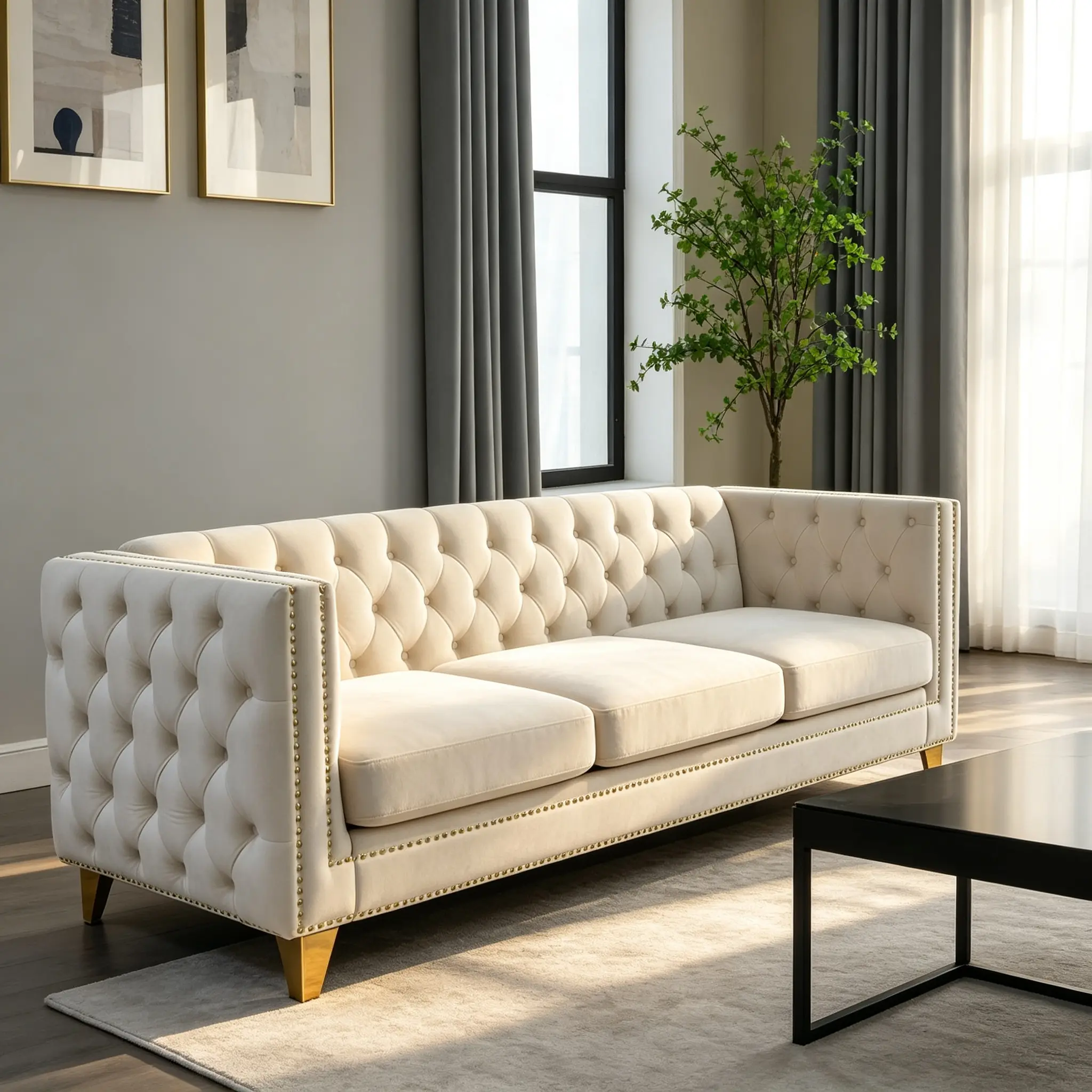 Classic Velvet Family Sofa - 2-Section Indoor Sofa with Fixed Arms, Tufted Buttons, Soft Plush Cotton-Foam Cushions, Curved Spring Seat, Handmade Nailhead, Solid Metal Legs, 17.6" Easy Sit, 23" Deep Seat, Assembly Required for Living Room
