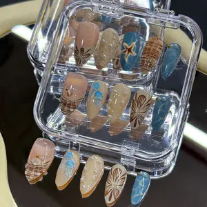 10 Pcs 3D Ocean Shell Starfish Almond Nails, Blue Wave Pattern with Natural Pearl Accents, Glossy Fake Nails for All Women, Party, Vacation, Daily Wear, Versatile Use