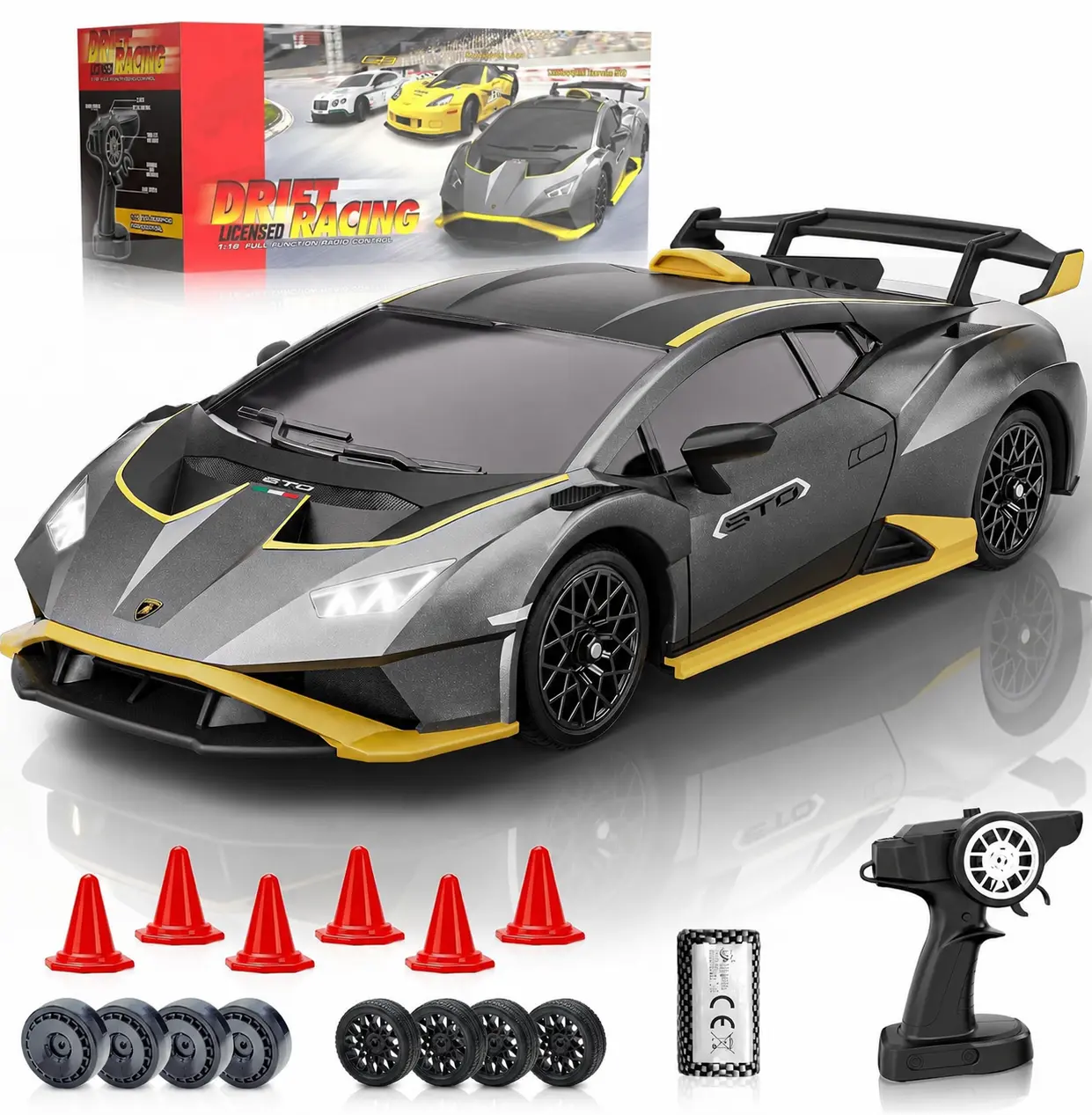 Officially Licensed Lamborghini Huracán STO 1:18 RC Drift Car – 2.4GHz Remote Control Car with LED Lights, Rechargeable Battery & Dual Tires