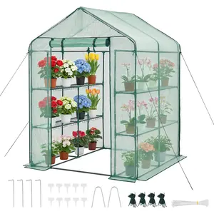 【FathersDayGift】VEVOR Heavy Duty Walk-in Greenhouse, 55.5"x56.1"x78.7" Outdoor Portable Plant Garden Hot House, PE Cover, 2-Tier 8 Shelves, Roll-Up Zipper Door for Backyard, Heavy Duty Greenhouse