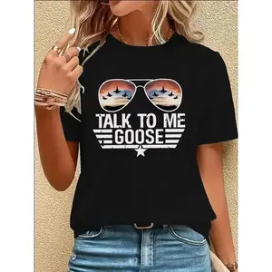 Talk To Me Goose T-Shirt, Top Gun Aviator Sunglasses Fighter Jets Graphic Tee, Movie Quote Casual Outfit, Women's Retro Pilot Shirt